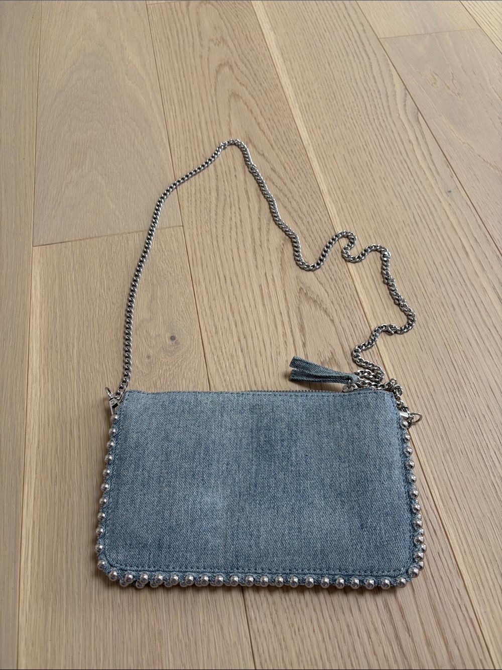 Zara Denim Beaded Edge Crossbody Bag with Chain Strap